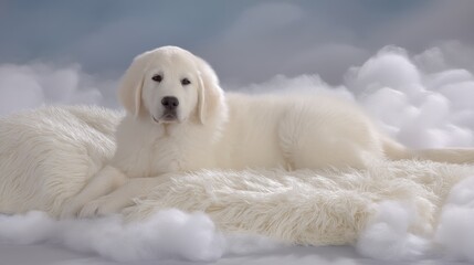 Fototapeta premium Playful white puppy on soft clouds dreamy atmosphere pet photography whimsical setting side view adorable concept