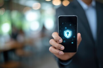 Close-up of a hand holding a phone displaying a security shield graphic.  Businessman in suit.  Blurred background