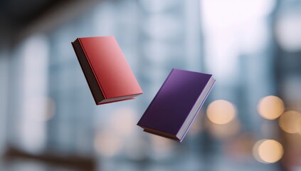 Two books, red and purple, levitate against a blurred background