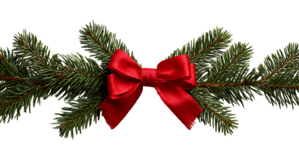 Festive evergreen branch adorned with a vibrant red bow isolated on transparent background.