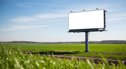 A blank billboard stands tall in a field of green grass under a bright blue sky on a sunny day