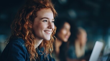 Joyful young woman smiling in a modern workspace candid portrait bright atmosphere engaging concept