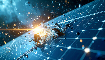 Solar Panel Collision: A dynamic image depicts the destruction of a solar panel, highlighting its potential vulnerabilities. Shattered fragments cascade from the panel.