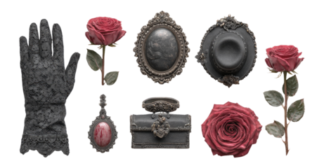 Vintage Black Lace Glove and Rose Clipart on Transparent Background