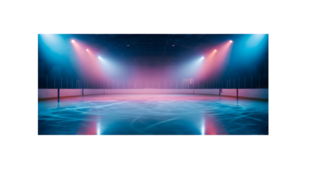 An empty ice hockey rink with skate marks, lit by vibrant blue and pink spotlights in a professional arena