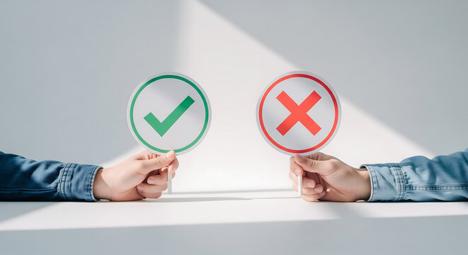 Hands holding green check mark and red cross signs on white background with shadow