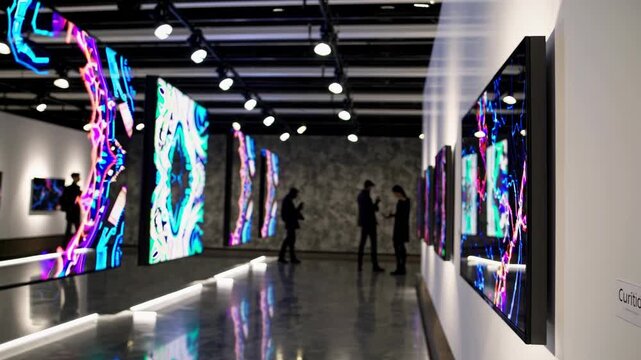 Art enthusiasts exploring a contemporary gallery space featuring large, vibrant digital displays showcasing evolving abstract artwork, creating an immersive and engaging experience