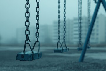 Empty swings in a foggy playground.