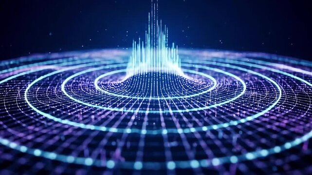 Abstract visualization of sound waves represented by vibrant blue and purple patterns on a dark background