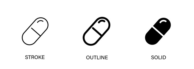 Pill icons for medical, pharmacy, hospital, health, capsule, pharmaceutical and ui design. Vector stroke, outline and solid icons.