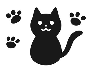 モノクロの黒猫と肉球のイラスト