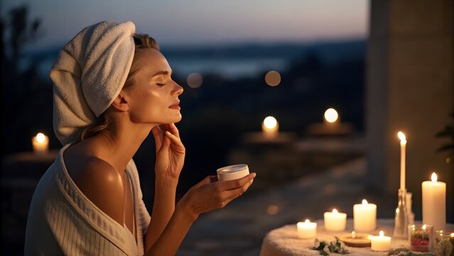 Night cream ritual by candlelight. Skincare scene with model applying night cream, soft warm intimate glow.