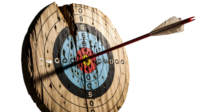 Precision shot A sharp arrow pierces the central ring of a weathered wooden archery target, illustrating focused determination and goal achievement