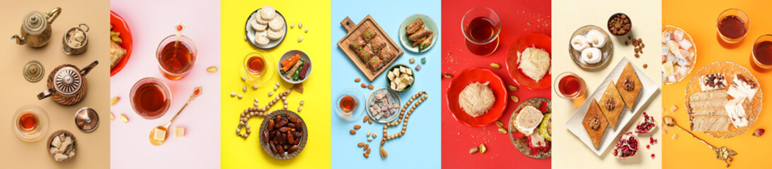 Set of Turkish tea with sweets on color background, top view