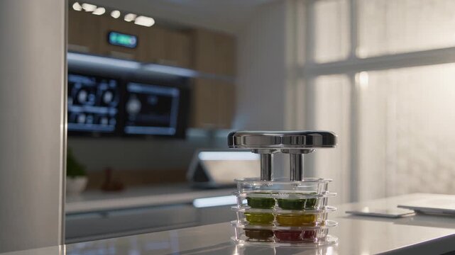 Food replicator machine is preparing a colorful meal with stacked food cartridges in a futuristic kitchen setting, showcasing advanced culinary technology