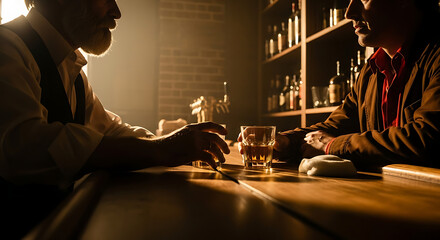 Low light close-up of two men having whiskey conversation at wooden bar counter