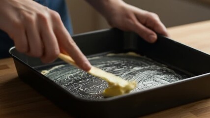 Person Buttering Baking Pan in Kitchen Preparing for Baking