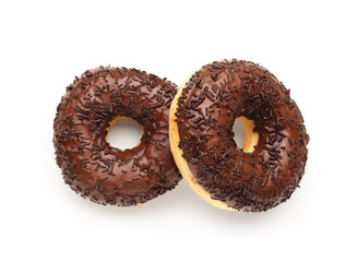 Sweet chocolate donuts on white background