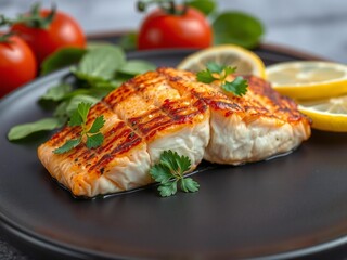 Delicious pan seared salmon fillet with fresh spinach and lemon slices