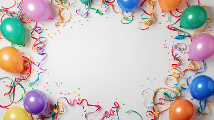 Party background photo with balloons, streamers, and confetti on a white background. Web banner with copy space in the bottom right corner.