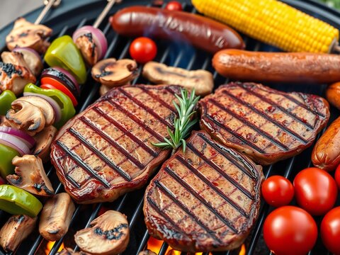 Delicious grilled steaks and sausages with fresh vegetables and corn on the cob
