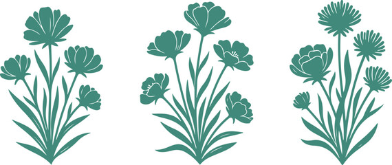 Three stylized green floral bouquets with delicate leaves on a white background