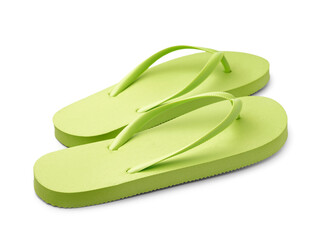 Pair of stylish green flip-flops on white background