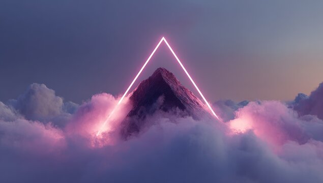 Mountain peak framed by glowing pink triangle above clouds