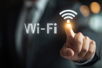 A hand in a suit touches a glowing WiFi icon