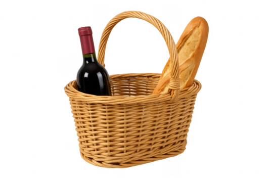 Wicker picnic basket containing wine bottle and french baguette on transparent background