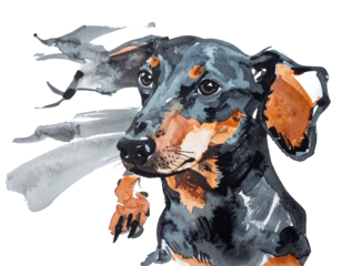 Hand-drawn dachshund illustration. Charm. Hand-drawn style. Brush-drawn material. Pet care. Family. Beloved dog. Dog. Pet. Guard dog.