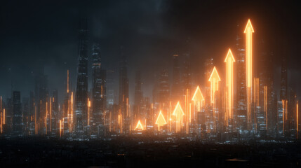 Futuristic city skyline with glowing upward arrows representing growth and progress. scene conveys sense of innovation and advancement in technology and urban development