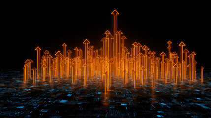 Digital technology and growth are represented by glowing orange arrows rising from circuit like surface, symbolizing progress and innovation in futuristic environment