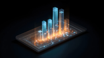 Digital representation of bar graph displayed on tablet, showcasing vibrant blue and orange colors with glowing effects. This symbolizes data analysis and technology