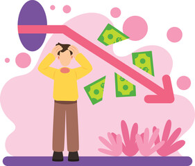 Man stressed with falling money value illustration