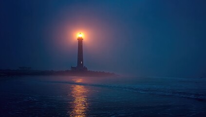 Luminous lighthouse in foggy twilight