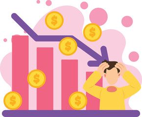 Frustrated man facing money loss chart illustration