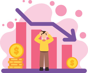 Man stressed with financial decline chart illustration