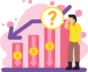 Confused man facing financial loss chart illustration