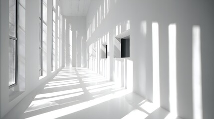 Fototapeta premium A sunlit, minimalist hallway with long shadows dances through the white architecture.