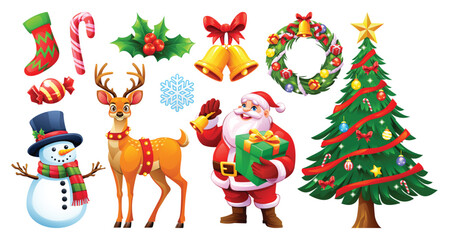Collection of Christmas elements including Santa, a reindeer, snowman, Christmas tree, and other festive decorations. Vector cartoon illustration