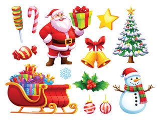 Assortment of Christmas elements featuring Santa, snowman, decorated tree, a sleigh with gifts, candy, and ornaments. Vector cartoon illustration