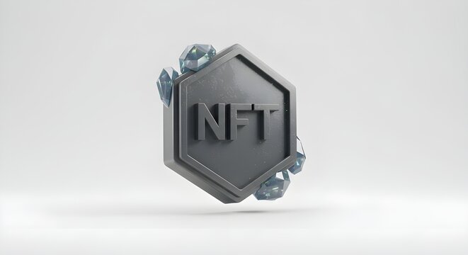 NFT Hexagon Silver Badge Surrounded by Diamonds | Non-Fungible Token Concept for Cryptocurrency, Blockchain, and Digital Assets