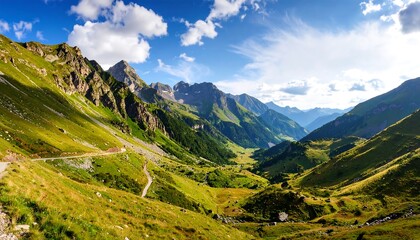 Mountain valley scene, vibrant greens, winding road