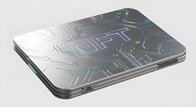 NFT on Silver Metallic Plate with Circuit Board Design | Blockchain Technology and Cryptocurrency Concept for Finance and Digital Art Marketing