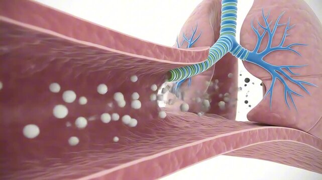 Detailed illustration of lung anatomy showcasing airflow and particle movement within airways