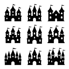 Nine Fairytale Castle Icons:  Simple Line Art,  Whimsical, Childlike Design,  Black and White Vector Graphics.