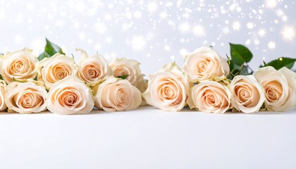 Delicate peach roses on white background with sparkling overlay