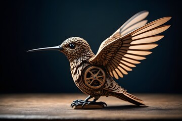 Flying hummingbird and bird resting on a branch in nature