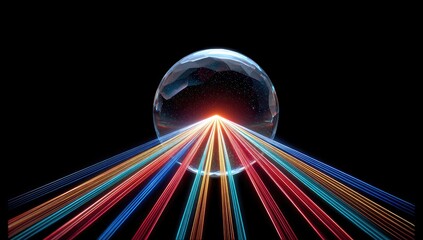 Sphere with radiating colored lines on black background